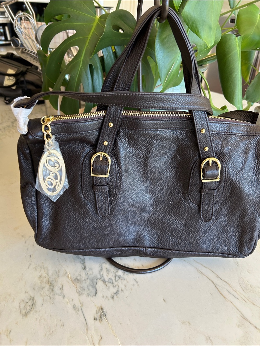 Designer‎ Dark Brown Leather Tote Bag with Gold Hardware